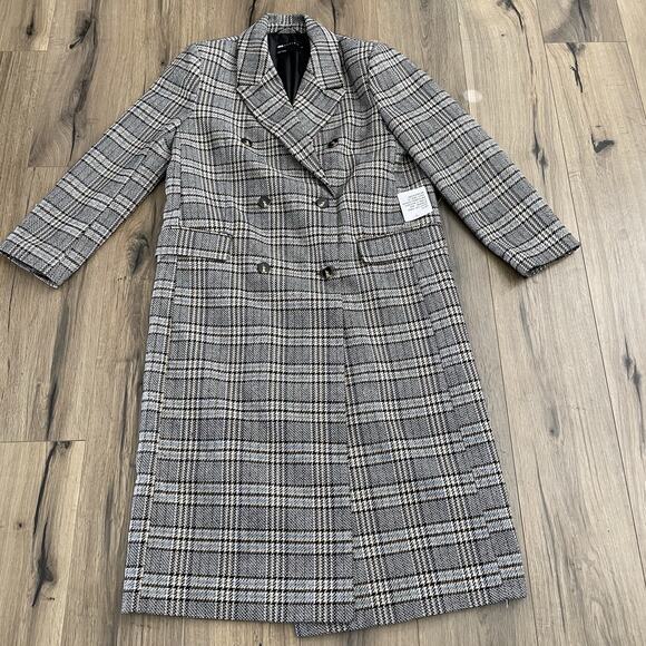 NEW ASOS DESIGN Size Medium Plaid Trench Coat Blue Black White Check Oversized - Picture 1 of 9